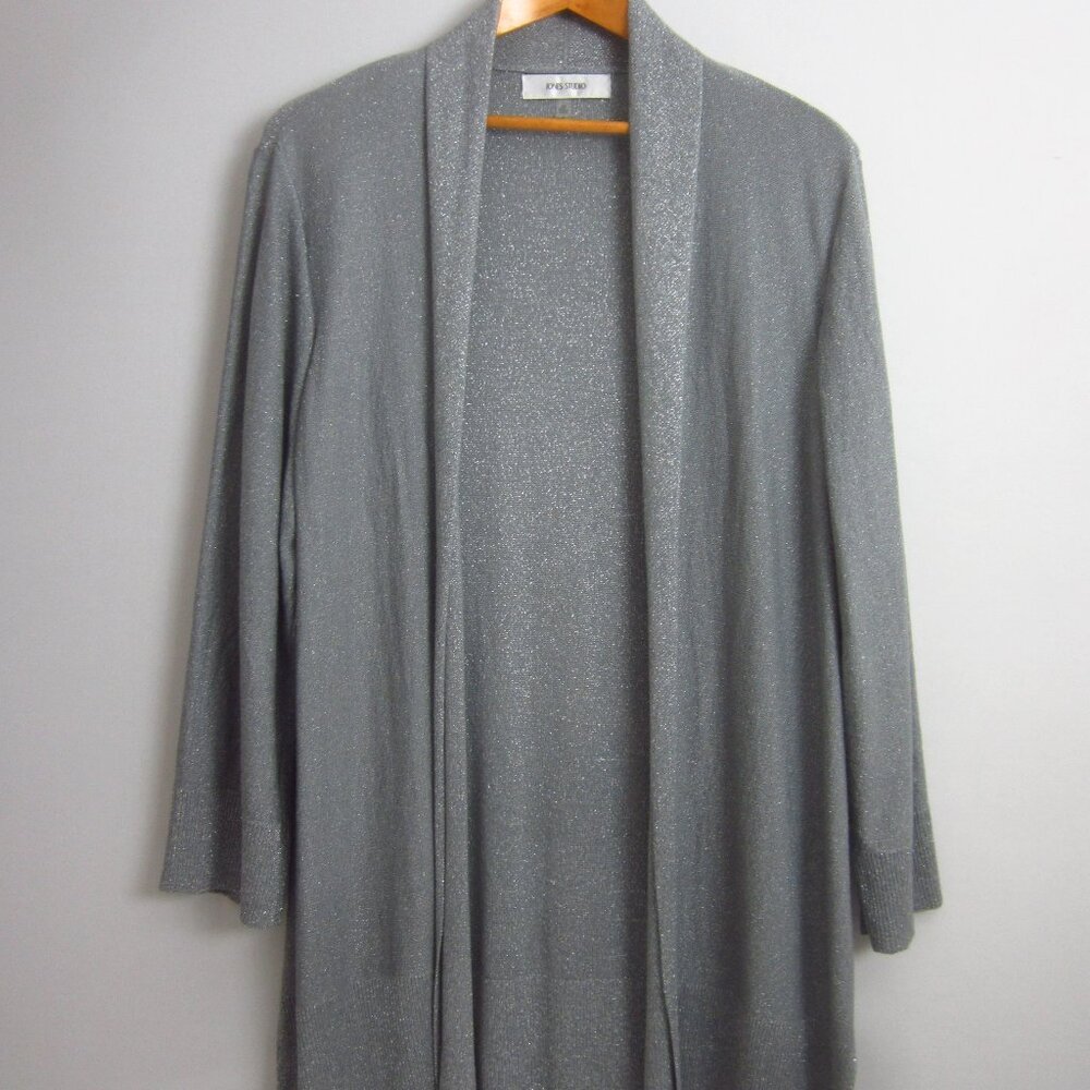 Jones New York Studio Womens Plus 2X Gray Silver Metallic LS Open Long Cardigan